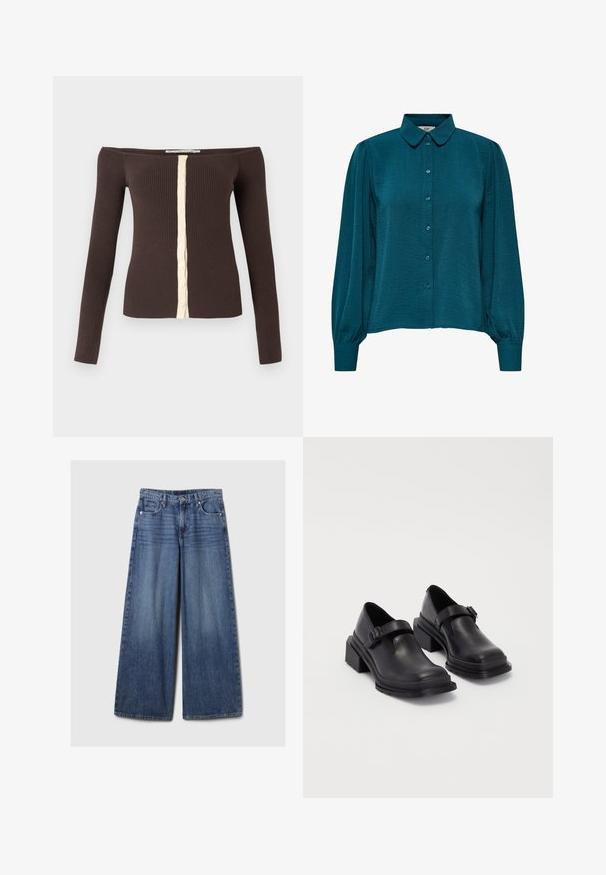 Off-shoulder ribbed long-sleeve top in dark brown with a cream button placket down the center front.; Teal blouse with a collared neckline, button front, and long sleeves. Made from textured fabric with gathered cuffs.; Wide-leg blue denim jeans with a faded finish, featuring a button and zipper closure, five pockets, and belt loops.; Black leather shoes with a rounded toe, flat sole, and a strap with a buckle detail. Chunky block heel for added stability.