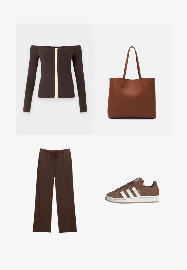 Haut côtelé à manches longues et épaules dénudées en marron foncé avec une patte de boutonnage crème au centre devant.; Pantalons larges marron en tissu doux, avec une taille élastique et un cordon de serrage, et deux poches latérales.; Baskets en daim marron avec des bandes en cuir blanc, semelle en caoutchouc, bout arrondi et lacets. Comprend un logo sur la languette et des accents perforés.; Sac fourre-tout en cuir marron avec une texture lisse, design à ouverture supérieure et deux poignées pour le porter à l'épaule. Présente des coutures minimales et aucun matériel visible.