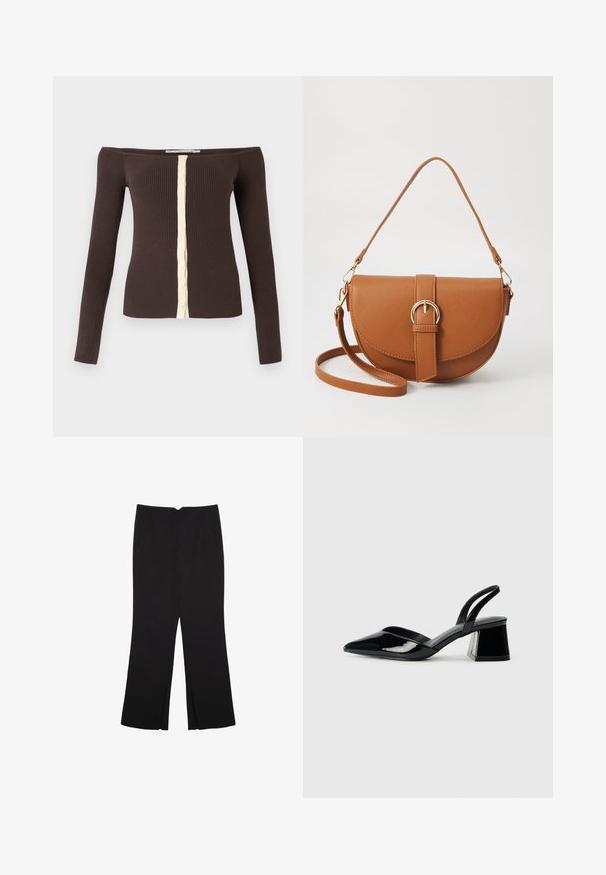 Růžičkový top s dlouhými rukávy a odhalenými rameny v tmavě hnědé barvě s krémovou légou na knoflíky uprostřed přední části.; Černé kalhoty s rovným střihem, s předními kapsami a bočními rozparky na lemu. Vyrobené z jemné, hladké tkaniny. Vhodné na různé příležitosti.; Černé lakované kožené lodičky na pásku s špičatou špičkou a geometrickým blokovým podpatkem. Vyznačují se elegantním, minimalistickým designem a hladkým povrchem.; Hnědá kožená křížová taška s zakřiveným tvarem, zlatými detaily a akcentem s přezkou. Obsahuje odnímatelný popruh na rameno.