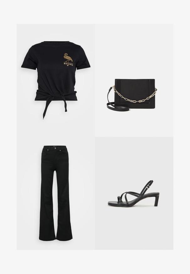 Mustat lyhyet hihansuut T-paita, jossa on solmittu etuosa, kullanvärisellä flamingokuvalla ja tekstillä "ELÄMÄ ON KAIKKI BALANSSISTA." Puuvillamateriaali.; Mustat levenevät farkut, valmistettu denimmateriaaleista. Korkea vyötärö, viisi taskua ja metallinen napitus. Sileä pinta, jossa on minimaalinen yksityiskohtaisuus.; Mustat hihnalligat, joissa on neliön muotoinen kärki ja matala lohkokorko. Ominaisuuksiin kuuluu useita ohuita hihnoja ja säädettävä nilkkahihna. Valmistettu sileästä nahasta.; Musta nahkainen olkalaukku, jossa on sileä pinta, suorakulmainen muoto ja metalliketju yksityiskohtana edessä. Mukana säädettävä hihna.