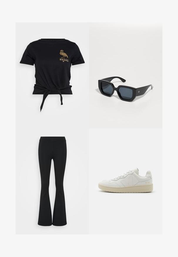 Svart T-skjorte med korte ermer og knyttet front, med et gullflamingo-grafikk og teksten "LIVET HANDLE OM BALANSE." Laget av bomull.; Svarte flared bukser laget av elastisk stoff, med høy midje og en glatt tekstur. Buksene vidder ut fra kneet.; Hvite lær sneakers med perforert tåboks, kontrasterende beige gummisåle og logo detaljer på siden og hælen. Minimalistisk design.; Svart oversized solbriller med geometrisk design, rektangulære linser og blank overflate. Ingen synlig merkevare på forsiden.