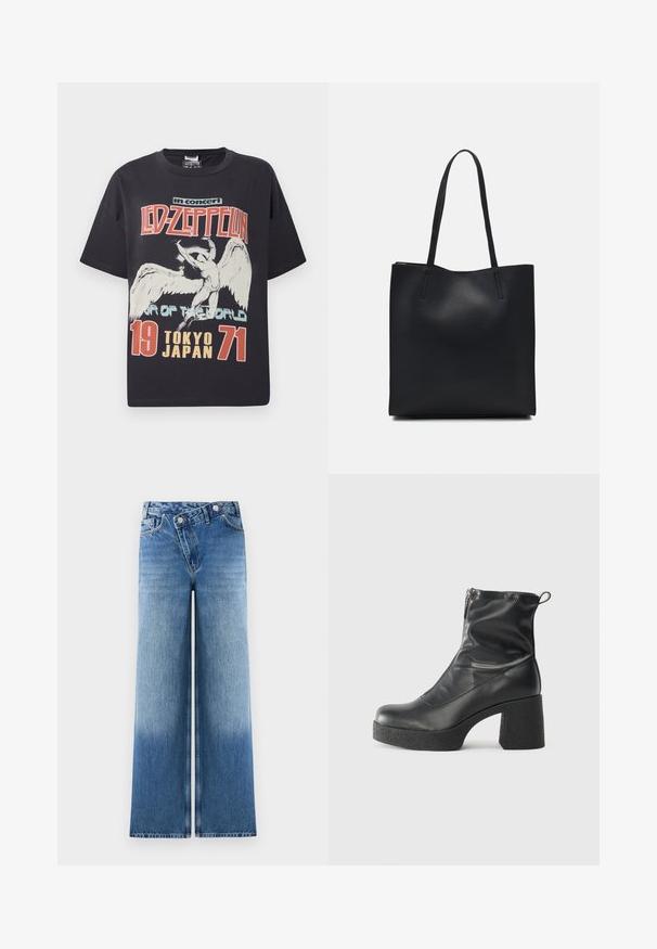 Black cotton t-shirt featuring a large graphic print of an angel with the text "Led Zeppelin in concert Tour of the World Tokyo Japan 1971."; Light blue wide-leg jeans with a faded wash, featuring a classic five-pocket design and metal button accents at the waist.; Black ankle boots made of smooth leather, featuring a side zipper, chunky textured heel, and rounded toe design.; Black leather tote bag with smooth texture, rectangular shape, and two long handles. No visible hardware or embellishments.