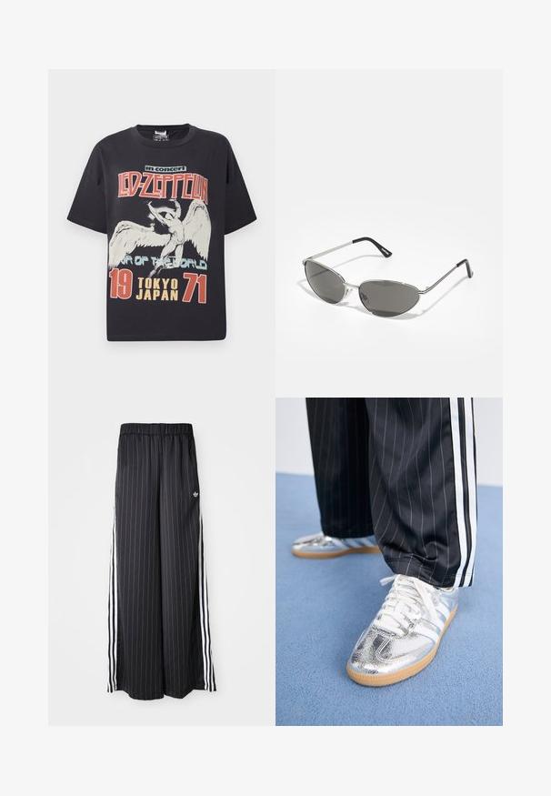 Mustade puuvillaseelik, millel on suur graafiline print inglil ning tekst "Led Zeppelin kontserdil Maailma tuur Tokyos, Jaapan 1971."; Mustad lai jalad püksid vertikaalsete valgete triipudega, elastne vöökoht ja kolm valget triipu külgedel. Adidas logo ees.; Metallik hõbedased jooksuketsid valgete paeltega ja kolme valge triibuga, mille juurde on sobitatud mustad triibulised püksid. Allosas kummist tallaga aktsent.; Prillispid prillid, millel on peen hõbedane metallraam, hallid toonitud läätsed ja aerodünaamiline disain, millel on teravad servad ja õhukesed varred.; Mustmustritud must kott, millel on suur avaus, kõverad vormid pinnal ja silt, millel on kollane ja valge tekst esitlusel.