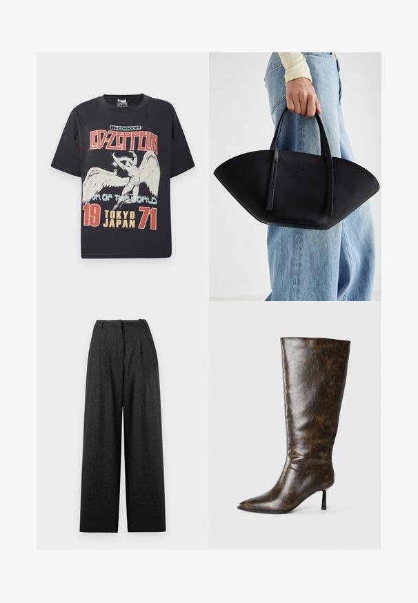 Svart bomull t-shirt med en stor grafisk tryck av en ängel med texten "Led Zeppelin i konsert Tour of the World Tokyo Japan 1971."; Videbyxor i mörkgrått rutmönster, med hög midja, veck och en strukturerad passform. Tillverkade av texturerad tyg.; Brun sliten läder knähöga stövel med spetsig tå och tunn stiletto-klack mot en vit bakgrund.; Svart läderhandväska med en unik fläktform, som har platta handtag. Ytan har en pebblad textur och en minimalistisk design.