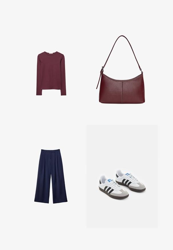 Long-sleeve top in burgundy, made of soft fabric. Features a round neckline and a straight cut with a slightly longer back hem.; Navy blue wide-leg trousers with pleats, buttoned waistband, and belt loops, shown flat on a white background.; Sport shoes with a white leather upper, gray suede toe, and three black stripes. Features a blue logo on the tongue and a textured rubber sole.; Maroon leather handbag with a curved shape, a single shoulder strap, and stitched detailing at the center. Smooth texture, minimal hardware.