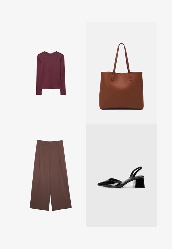 Long-sleeve top in burgundy, made of soft fabric. Features a round neckline and a straight cut with a slightly longer back hem.; Brown wide-leg trousers with a smooth texture, featuring a high waist and front pleats. The fabric is lightweight and flows loosely.; Black patent leather slingback heels with a pointed toe and a geometric block heel. Features a sleek, minimal design and smooth texture.; Brown leather tote bag with a smooth texture, open top design, and two shoulder straps. Features minimal stitching and no visible hardware.