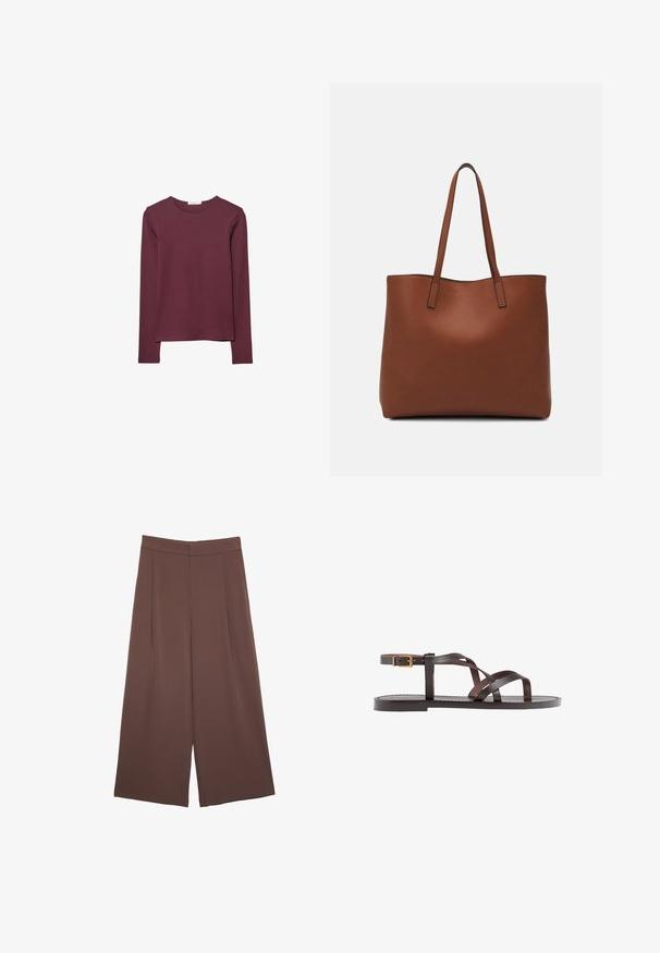 T-shirt à manches longues en bordeaux, fabriqué en tissu doux. Présente un col rond et une coupe droite avec un ourlet arrière légèrement plus long.; Pantalons larges marron avec une texture lisse, dotés d'une taille haute et de plis à l'avant. Le tissu est léger et tombe de manière fluide.; Sandale en cuir marron avec des brides entrecroisées, une fermeture à boucle à la cheville et une semelle plate avec des détails de couture minimaux.; Sac fourre-tout en cuir marron avec une texture lisse, design à ouverture supérieure et deux poignées pour le porter à l'épaule. Présente des coutures minimales et aucun matériel visible.