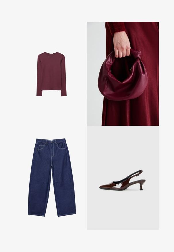 Burgundská dlouhá rukávová halenka vyrobená z měkké látky. Obsahuje kulatý výstřih a rovný střih s mírně delším zadním lemem.; Tmavě modré džínové kalhoty širokého střihu s vysokým pasem, pěti kapsami a kontrastním bílým šitím. Hladký povrch, klasický design.; Hnědé lakované kožené slingback boty s špičatou špičkou a mírným podpatkem. Disponují přezkou pro bezpečné upevnění. Hladký povrch.; Burgundská kožená kabelka s měkkým, nabíraným designem a zaobleným tvarem. Ucho je zajištěné a vykazuje hladkou texturu.
