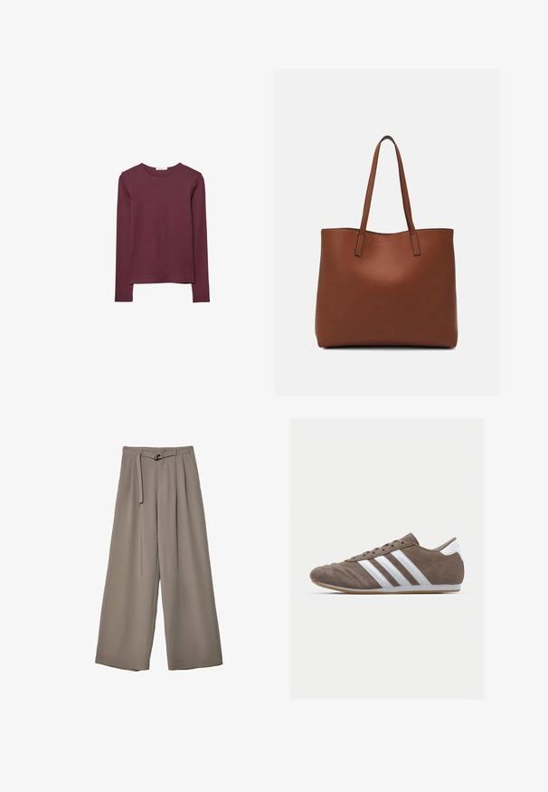 Long-sleeve top in burgundy, made of soft fabric. Features a round neckline and a straight cut with a slightly longer back hem.; Wide-leg trousers in a soft, muted grey fabric, featuring a belted waist and pleats for added design detail. Smooth texture, no patterns.; Brown suede athletic shoe with white stripes, round toe, lace-up design, and gum rubber sole. Textured upper with stitching details.; Brown leather tote bag with a smooth texture, open top design, and two shoulder straps. Features minimal stitching and no visible hardware.
