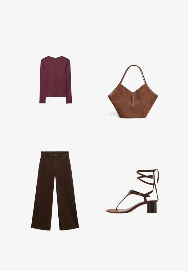 Maglietta a maniche lunghe di colore bordeaux, realizzata in un tessuto morbido. Presenta un collo rotondo e un taglio dritto con un orlo posteriore leggermente più lungo.; Pantaloni larghi marroni in misto cotone, caratterizzati da orlo sfrangiato, chiusura frontale con bottone e classico design a cinque tasche. Minimalisti e versatili.; Sandalo alto in suede marrone con una fascia triangolare sulla punta, lacci alla caviglia e un tacco a blocco texture per maggiore stabilità.; Borsa tote in suede marrone con rifiniture in pelle e chiusura a tracolla sottile, caratterizzata da una forma morbida, ampia e leggermente angolare.