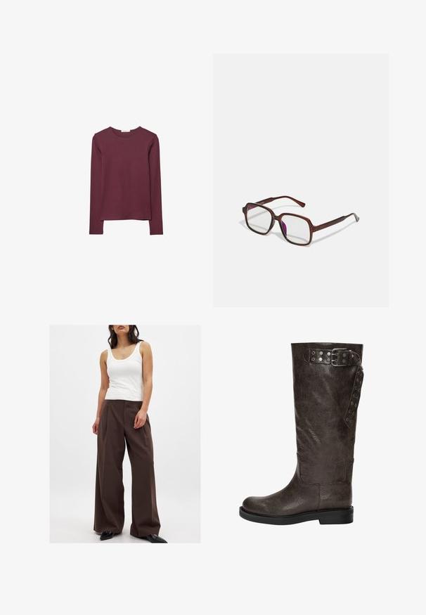 Langarmshirt in Burgunderrot, aus weichem Stoff gefertigt. Mit Rundhalsausschnitt und geradem Schnitt, der hinten etwas länger ist.; Braune weit geschnittene Hosen mit glatter Textur, die eine hohe Taille und einen gebügelten Falten haben; kombiniert mit einem weißen Tanktop. Schwarze spitze Schuhe.; Braune Lederstiefel bis zum Knie mit strukturiertem Finish, ausgestattet mit einer Schnalle und Druckknopf-Akzenten an der Seite sowie einer flachen Gummisohle.; Braune, rechteckige Brille mit transparenten Gläsern und lila Tönungen. Glatter Kunststoffrahmen mit geraden Bügeln und dezenten Akzenten.; Bordeauxfarbenes Lederhandtäschchen mit runder Form, Ketten- und Lederträger, ausgestattet mit gerafften Details und einem Reißverschluss an der Seite.; Dreizügige Halskette mit goldenen Ketten, einer silbernen Perlenreihe und einem zentralen Knoten-Detail. Mit verstellbarem Verschluss.