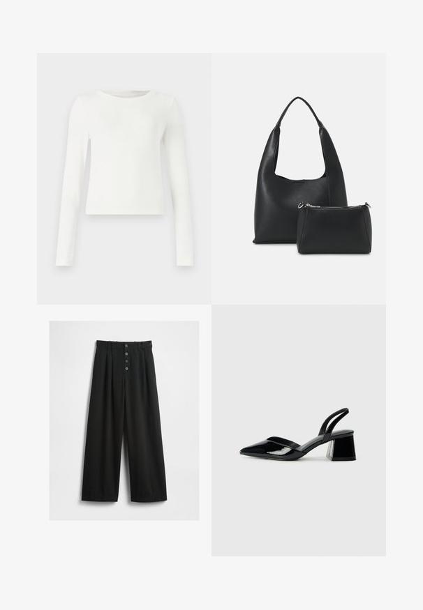 Balts garām piedurknēm ribots tops ar apaļu kaklu. Gluda tekstūra, pieguļošs dizains un bez redzamām rakstiem vai akcentiem. Vienkāršs un minimālistisks stils.; Platas kājas melni bikses, izgatavotas no teksturēta auduma. Iezīmēts augsts viduklis, piecu pogu priekšpusē ar aizdari, un nospiesti pleci papildu detaļai.; Melna lakota āda ar atvērto papēdi, ar smailu purngalu un ģeometrisku blokpapēdi. Iezīmējas elegants, minimāls dizains un gluda tekstūra.; Even&Odd SET - Rokassoma - black