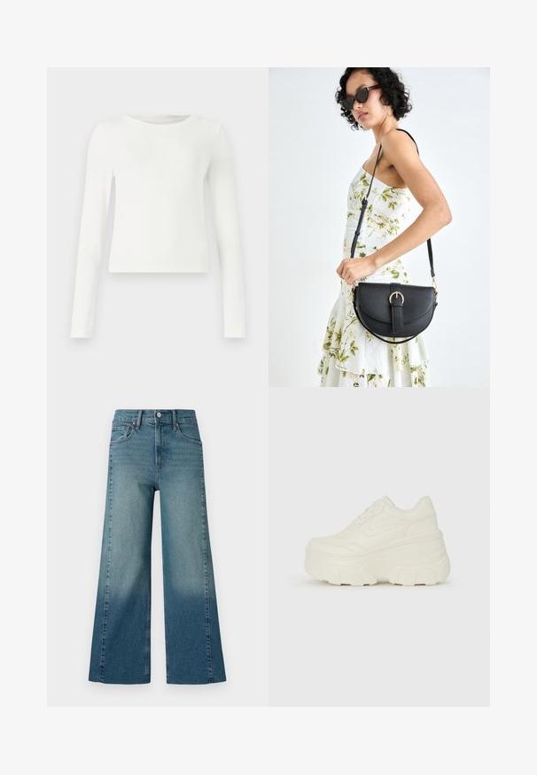 Hvid langærmet ribbet top med rund hals. Glat tekstur, tætsiddende design og ingen synlige mønstre eller accenter. Enkel og minimalistisk stil.; Bredde jeans i en medium blå vask, med en gradient effekt fra mørkere til lysere. Lavet af denim med et traditionelt fem-lomme design.; Hvide platform sneakers med en glat læderlignende overdel, rund form, polstret krave og struktureret gummisål med definerede riller.; Sort læderhåndtaske med en buet form, aftagelig rem og guldfinish. Tasken har en klap med en spænde detalje.
