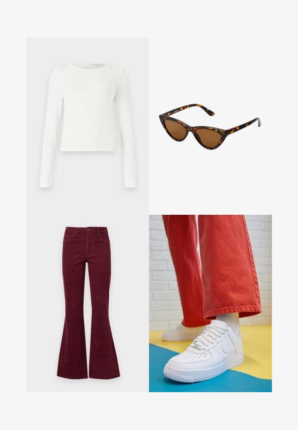 Top alb cu maneci lungi din material canalat, cu guler rotund. Textură netedă, design ajustat, fără modele sau accente vizibile. Stil simplu și minimalist.; Jeansi fendi bordeaux din corduroy, cu cinci buzunare, închidere cu nasture frontal și țesătură texturată. Flarurile se extind de la genunchi până la tiv.; Tenis alb din piele cu fanta pe vârful piciorului, talpă texturată și șireturi albe, purtat cu pantaloni larga roșii și un fundal albastru și galben.; Ochelari de soare în stil cat-eye, cu o ramă din material cu tortoiseshell negru și portocalie, lentile maro și vârfuri elegante, ascuțite. Prezintă un logo minimal pe brățara ochelarilor.