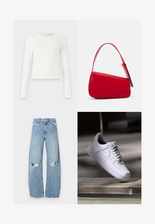 White long-sleeve ribbed top with a crew neck. Smooth texture, fitted design, and no visible patterns or accents. Simple and minimalist style.; Light blue, high-waisted jeans made of denim. Feature wide legs, two torn knee areas, and classic five-pocket styling.; Nike Sportswear AIR FORCE 1 07 - Trainers - white; Red leather handbag with an angular, geometric design. Features a single adjustable strap and a flap closure with stitched detailing.