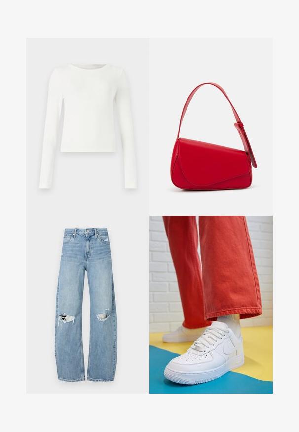 Vit långärmad ribbad topp med rund hals. Slät textur, figurnära design och inga synliga mönster eller detaljer. Enkel och minimalistisk stil.; Ljusblå, högmidjade jeans i denim. Har vida ben, två slitna knäområden och klassisk femfickedesign.; Vita lädersneakers med perforerat tåparti, texturerad sula och vita snören, kombinerat med vida röda byxor och en blå och gul bakgrund.; Röd läderhandväska med en vinkelrät, geometrisk design. Har ett justerbart axelband och en klaffstängning med sydda detaljer.