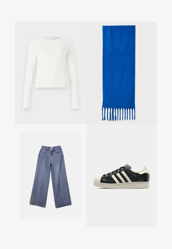 Camisola branca de manga longa com decote redondo. Textura suave, design ajustado e sem padrões ou detalhes visíveis. Estilo simples e minimalista.; Calças de ganga de perna larga numa lavagem azul clara, com uma cintura alta, bolsos frontais e fecho de botão com passadores para cinto.; Sapatilha de couro preto com riscas brancas, biqueira de borracha, atacadores pretos e sola na cor creme. Textura suave com acabamento brilhante.; Cachecol azul com franjas, feito de tecido macio; apresenta uma cor sólida com uma superfície texturizada e franjas cortadas de forma uniforme na parte inferior.