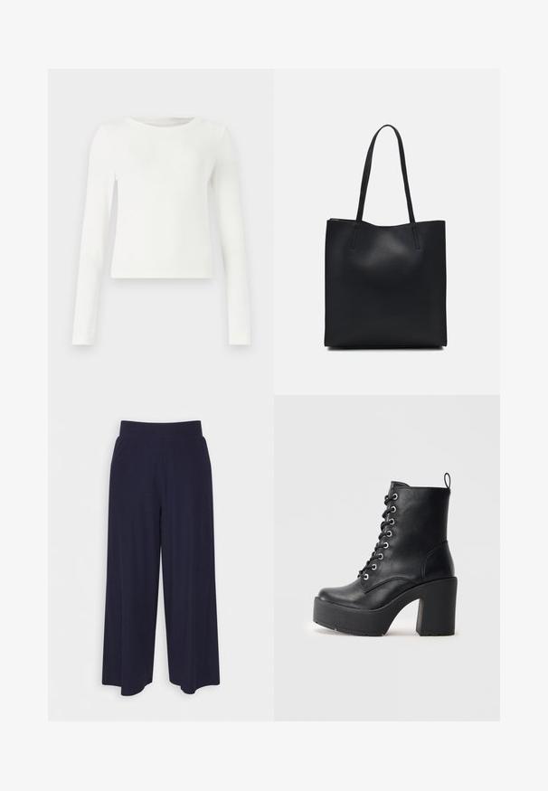 White long-sleeve ribbed top with a crew neck. Smooth texture, fitted design, and no visible patterns or accents. Simple and minimalist style.; Wide-leg trousers in dark navy fabric with a ribbed texture. Features a smooth waistband and a flowy silhouette, reaching mid-calf length.; Black leather ankle boot with a chunky block heel, lace-up front, and textured surface. Features a tab on the back for easy wear.; Black leather tote bag with smooth texture, rectangular shape, and two long handles. No visible hardware or embellishments.