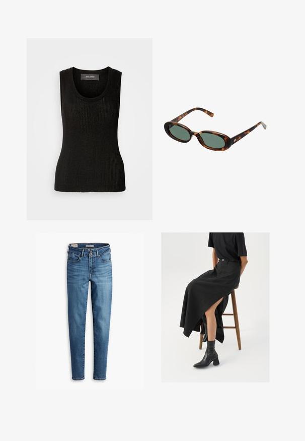 Mos Mosh RELENA IMANJA TANK - Felső - black; Felső derékig érő, karcsú farmernadrág világoskék denim anyagból. Öt zseb, elöl gombos zárás és klasszikus varrási részletek jellemzik.; Fekete len maxi szoknya magas hasítékkal, fekete pólóval és fekete bokacsizmával viselve. Minimalista dizájn, laza illeszkedéssel.; Tortojásmintás napszemüveg ovális kerettel és zöld lencsékkel. Vékony szárakkal rendelkezik, fémes kiegészítővel a csuklók közelében.