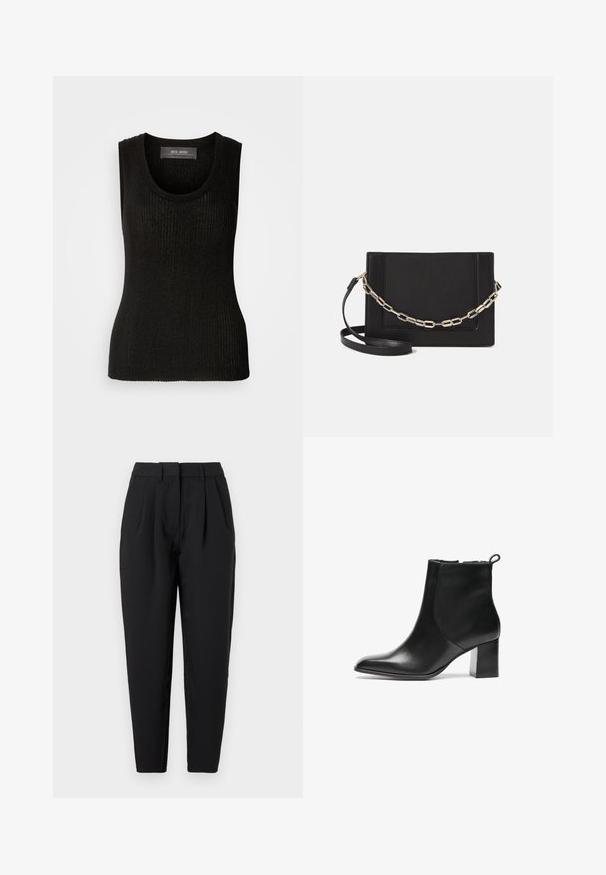 Mos Mosh RELENA IMANJA TANK - Viršus - black; Juodos tiesios kelnės, su klostėmis priekyje, lygia tekstūra ir šoninėmis kišenėmis. Juosmens aukštis standartinis.; Juodos odinės aulinės botai su apvalia nosimi, vidutinio aukščio blokuotais kulnais ir kilpeliu gale. Lygi tekstūra, minimalistinis dizainas.; Juodas odinis per petį nešiojamas krepšys turi lygų paviršių, stačiakampio formą ir metalinę grandinėlę priekyje. Pridedama reguliuojama dirželis.