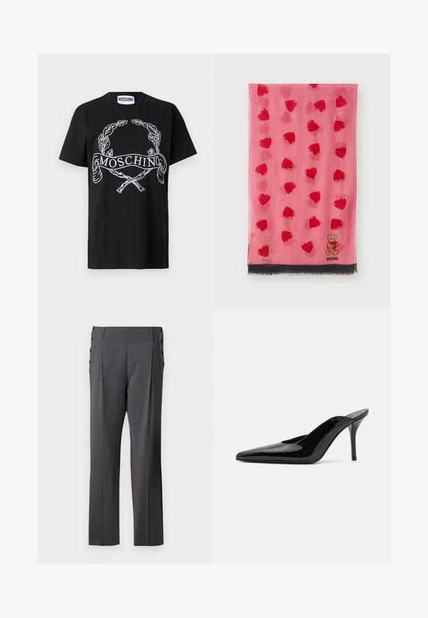 Černé bavlněné tričko s bílou vyšívanou vavřínovou korunou a stuhou s textem "MOSCHINO". Standardní kulatý výstřih a krátké rukávy.; Bílá košile na knoflíky s dlouhými rukávy, s řasenou strukturou na přední straně, malými zlatými knoflíky a standardním límcem.; Šedé kalhoty na míru se rovnou nohavicí, předními sklady a dekorativními bočními knoflíky pro dodatečný detail. Hladká textura látky.; Černé lakované kožené muly na vysokém podpatku s špičatou špičkou a elegantním siluetou, s otevřenou zadní částí a štíhlým stiletto podpatkem.; Růžový šátek s vzorem průhledných červených srdcí a medvěda, s černými třásněmi a logem na spodním okraji.
