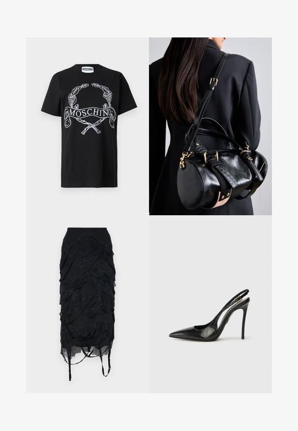 Sort bomulds T-shirt med en hvid broderet laurbærkrans og bånd med "MOSCHINO" tekst. Standard rund hals og korte ærmer.; Sort nederdel med lagdelte blondeaccenter, en tætsiddende talje og justerbare stropper. Designet inkluderer et bølge-lignende mønster gennem det hele.; Sort slingback pumpe med spids tå, tekstureret slangemønster, stilettahæl og en dekorativ spænde på stroppen.; Sort lædertaske med rund form, der har guldfarvet hardware og justerbare stropper. Detaljer i struktureret sort læder og beige accent.