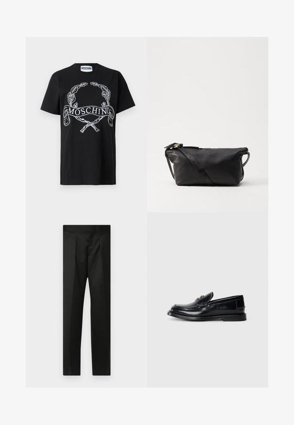 Melnas kokvilnas T-krekls ar baltu izšūtu lauvas vainagu un lentu ar "MOSCHINO" tekstu. Standarta apaļa kakla izgriezums un īsas piedurknes.; Melnas bikses ar gludu audumu, pielāgotu dizainu, taisnām kājām un platu jostu bez redzamām aizdaram vai kabatām.; Melna ādas loaferi ar izšuvuma dizainu, nelielu priekšējo atloku un plakanu gumijas zoli. Gluda tekstūra ar zeltainām detaļām.; Melnas ādas soma ar mīkstu, taisnstūra formu. Iekļauta noņemama siksna ar regulējamiem caurumiem un zelta toņa sprādze. Gluda tekstūra.
