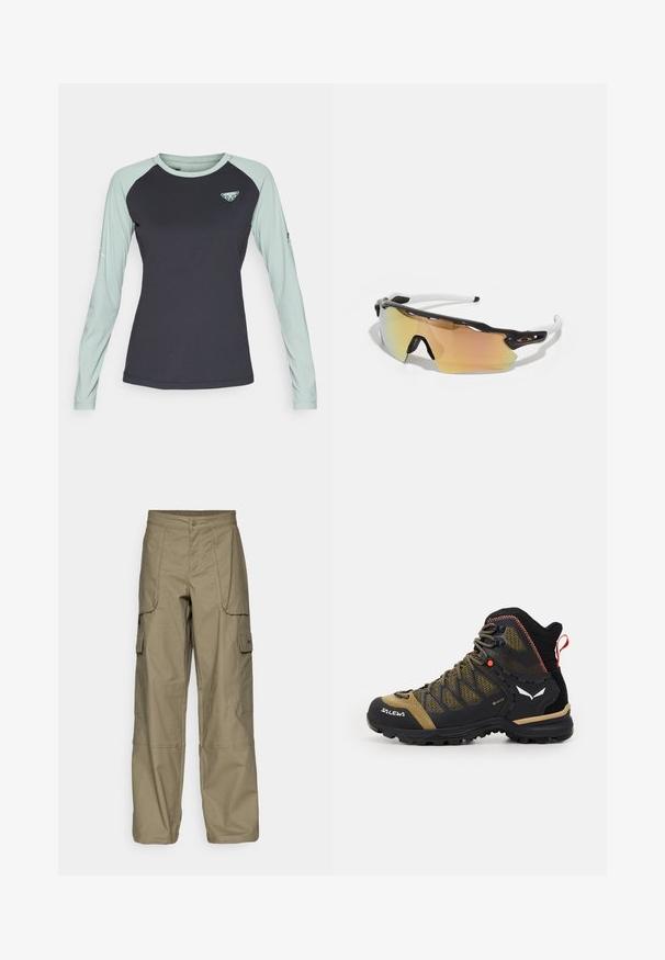 Dynafit ALPINE PRO TEE - Ilgarankovis viršutinės dalies drabužis - black out/jadelite; Alyvuogių žalios spalvos cargo kelnės, pasižyminčios laisvu siluetu, keliais šoninėmis kišenėmis ir sagčių uždarymu juosmens srityje. Lygi tekstūra.; Vidutinio aukščio žygio batai juodos ir alyvuogių spalvos, su tinklo viršumi, guminėmis padais ir tekstūruotomis detalėmis bei galine traukimo juostele.; Akiniai nuo saulės su juodai balta rėmu, dideliais veidrodiniais objektyvais auksinėmis ir rožinėmis atspalviais, aerodinaminis dizainas ir išplėstas išorinis rėmelis.