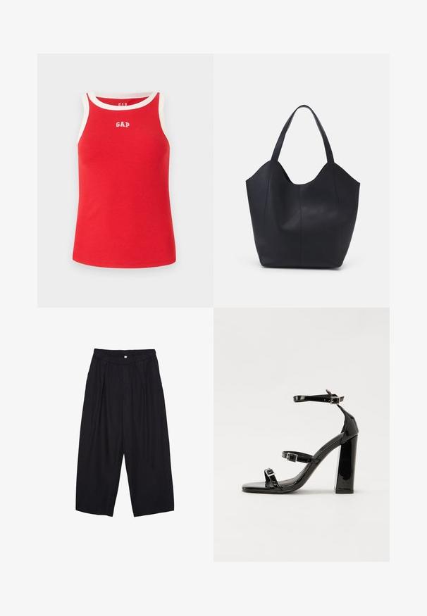 Červený žebrovaný tílko s bílým lemováním a logem GAP na prsou. Bezrukávový design, volný střih, vyrobeno z měkkého bavlněného materiálu.; Černé polyesterové culotte kalhoty s elastickým pasem, dvěma předními sklady a volným siluetou. Žádné viditelné vzory ani kovové detaily.; Černé lakované sandály na podpatku se čtveratou špičkou, lýtkovými pásky a stříbrnými přezkami. Disponují masivním blokovým podpatkem pro stabilitu.; Černá taška přes rameno vyrobená z hladké kůže, s zakřiveným, otevřeným vrchem a dvěma ramenními popruhy, s minimalistickým designem.