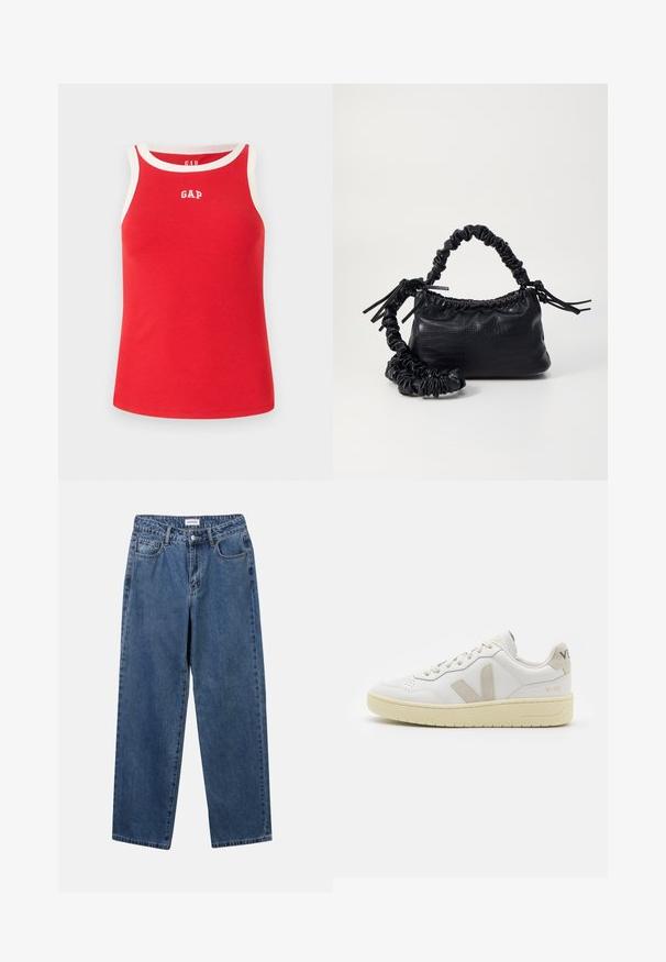 Red ribbed tank top with white trim and GAP logo at the chest. Sleeveless design, relaxed fit, made from soft cotton material.; Classic blue denim jeans with a straight-leg design, five pockets, and a button closure. Features a medium wash and sturdy texture.; White leather sneaker with beige suede accents, perforated toe box, flat laces, and a textured cream sole. Features subtle branding on heel.; Black faux leather handbag with a crocodile texture, cinched top, and a scrunched strap. Appears soft and compact in design.