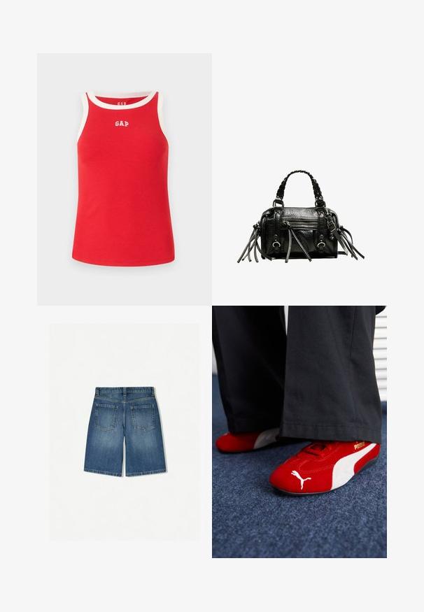Červený žebrovaný tílko s bílým lemováním a logem GAP na prsou. Bezrukávový design, volný střih, vyrobeno z měkkého bavlněného materiálu.; Džínové šortky ve středně modré barvě s volným střihem, obsahující dvě zadní kapsy a čistý, rovný lem. Klasický design s pěti kapsami.; Červené semišové tenisky s bílými detaily, mají texturovaný materiál, kulatou špičku a zlaté logo na boku, nošené s černými kalhotami.; Černá kožená kabelka s pletenými držadly, texturovaným povrchem, přední kapsou na zip a dekorativními třásněmi. Kompaktní a strukturovaný tvar.