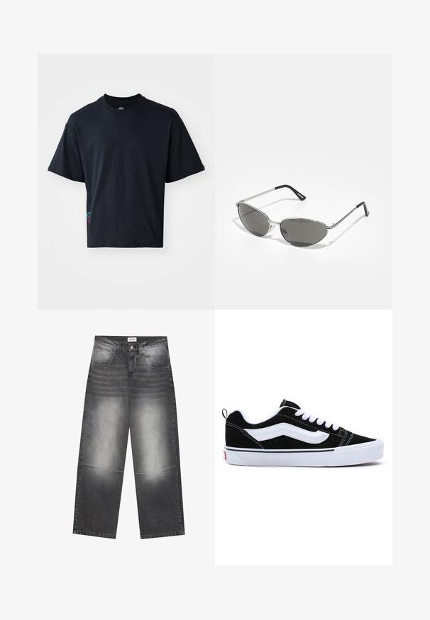 Fekete, rövid ujjú pamut póló, klasszikus kerek nyakkal és egy kis színes logó részlettel az oldalon.; Széles lábú fekete farmernadrág enyhén szürkés, fakó befejezéssel, elülső zsebekkel, gombos záródással és enyhe kopásokkal a térdeken.; Fekete velúr sportcipők fehér díszítéssel, alacsony szárú kialakítással, fűzős rögzítéssel és vastag fehér gumi talppal. Márkájának logója a sarokrészen.; Sötétített lencsékkel rendelkező napszemüveg, elegáns, ezüst színű fém vázzal, aerodinamikus kialakítással, hegyes szélekkel és vékony szárakkal.