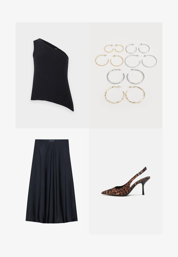 Asimetrična črna majica z obliko enega ramena. Narejena iz mehkega blaga, ima gladko teksturo in čiste linije. Brez zapenjal ali okrasnih elementov.; Črna krila do kolen, izdelana iz lahkotnega blaga s sproščenim dizajnom. Ima gladko teksturo in subtilne gube za dodatne podrobnosti.; Slingback visoke pete z leopardjim vzorcem, s koničastim nosom, črnimi sijajnimi petami in prilagodljivo gležno zaponko. Mehki material z teksturiranim zaključkom.; Set dvanajstih uhvorov v srebrnih in zlatih odtenkih. Vključuje zvite, gladke in teksturirane modele v različnih velikostih in končnih obdelavah.