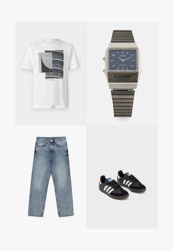 White cotton T-shirt featuring a geometric graphic design in dark gray and black, with lines and textures, and brand logo at the bottom.; Light blue denim jeans with a straight leg cut, visible stitching, five pocket design, and a button closure at the waist.; Black sneakers with a suede and synthetic upper, featuring three white stripes, textured rubber sole, and blue logo tag on the tongue.; Casio digital watch with a blue dial, silver case, and layered black rubber strap. Displays time and alarm settings. Water resistant.