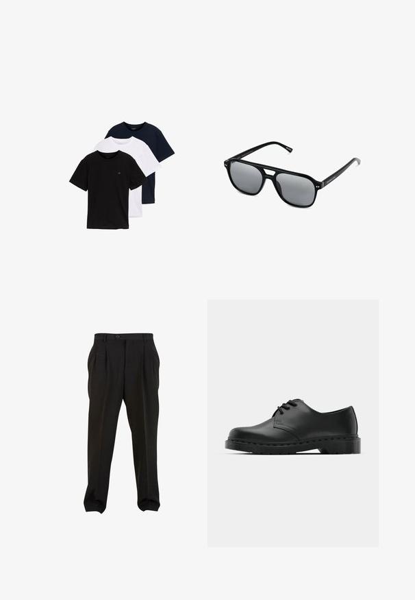Set van drie T-shirts met korte mouwen in zwart, wit en donkerblauw. Gemaakt van katoen, met een ronde hals en een klein logo op de borst.; Zwarte broek van gladde stof, met voorplooien, een knopenband en taps toelopende enkelboorden. Klassieke taillering.; Zwarte leren oxford schoenen met vetersluiting, ronde neus, platte rubberen zool en subtiele stiksel details langs het bovenwerk.; Zwarte zonnebril met rechthoekige montuur, grijs getinte glazen en een uitgesneden ontwerp bij de neusbrug. Strak, glanzend kunststof materiaal met smalle veren.