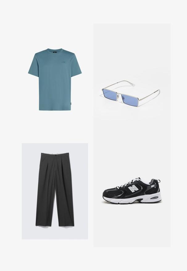 Šviesiai mėlynas medvilninis marškinėlis su apvalia iškirpte, trumpomis rankovėmis ir maža logotipo spauda tamsesnėje spalvoje ant krūtinės.; Pilki plačiakojai kelnių su klostėmis. Pagaminti iš lygaus audinio, turi priekinius užsegimus su mygtuku ir diržo kilpas. Lygios priekinės dalies dizainas.; Juodi ir pilki sportiniai batai su tinklu ir zomšos viršutine dalimi, su balta vidurio pade, raišteliais ir ryškiu "N" logotipu šone.; Metaliniai saulės akinių su stačiakampiu pavidalu, mėlynai tonuoti objektyvai ir sidabrinis rėmas. Turi nosies pagalvėles ir plonas, tiesias šventyklas.