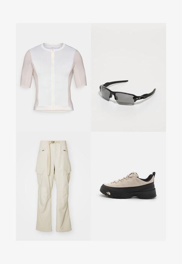 Kurzärmliges Radtrikot in Weiß und Hellbeige, mit einem Reißverschluss vorne, glatter Textur und dezentem Logo auf der Brust.; Beige Cargo-Hosen mit weitem Bein, tailliertem Bund, zwei seitlichen Taschen und Kniepatches. Glatte Textur mit verstärkten Nähdetails.; Beige Wildlederschuh für Wanderungen mit schwarzer Gummisohle, strukturierten Akzenten und reflektierenden Schnürsenkeln. Verfügt über eine Schlaufe für ein einfaches An- und Ausziehen.; Schwarze Sportsonnenbrille mit grauen Gläsern, geschwungenem Rahmendesign und Logodetail an der Seite. Hergestellt aus leichtem Kunststoffmaterial.