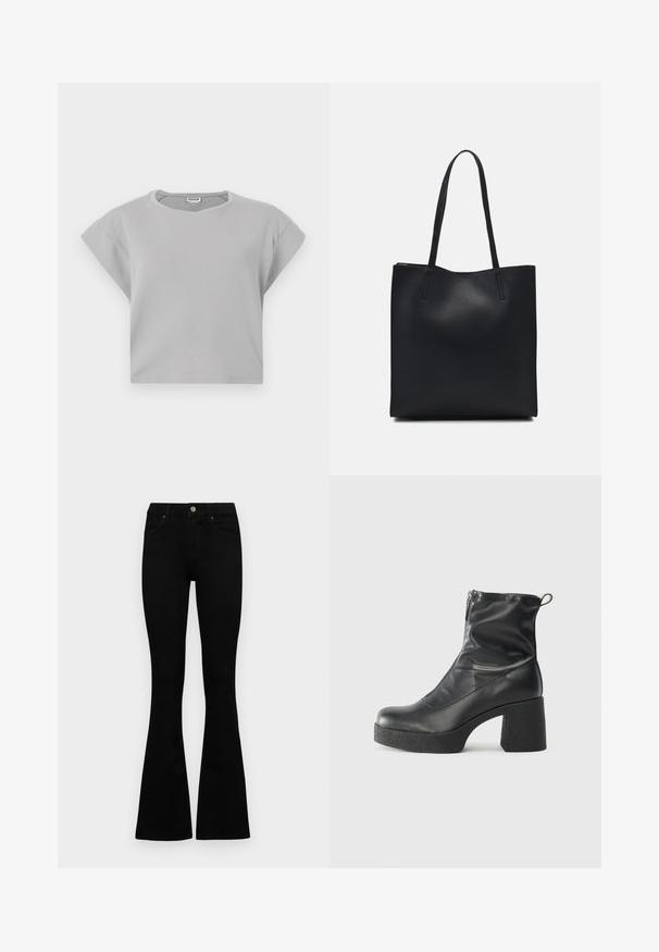 Sweatshirt curto cinza claro com mangas curtas e dobradas, decote redondo e detalhes sutis de costura. Feito de um tecido macio e respirável.; Jeans pretos de cintura alta com fecho de botão e zíper, bolsos frontais e pernas largas dispostos em cima de um fundo branco.; Botas de tornozelo pretas feitas de couro liso, com fecho lateral, salto grosso texturizado e design de bico arredondado.; Bolsa tote preta em couro com textura lisa, forma retangular e duas alças longas. Sem hardware ou enfeites visíveis.