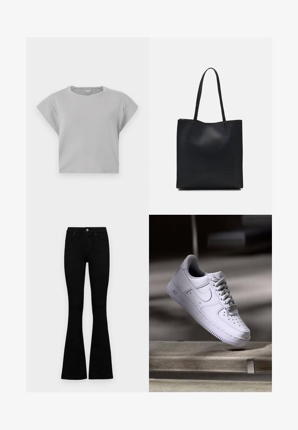 Světle šedá zkrácená mikina s krátkými odrolovanými rukávy, kulatým výstřihem a jemnými detaily šití. Vyrobena z měkké, prodyšné tkaniny.; Černé vysoké džíny s knoflíkem a zipovým zapínáním, předními kapsami a rozšířenými nohavicemi, ležící na bílé podložce.; Bílá teniska Nike Air Force 1 levitující nad betonovým povrchem s odstíny ve minimalistickém prostředí.; Černá kožená taška přes rameno s hladkým povrchem, obdélníkovým tvarem a dvěma dlouhými uchy. Žádné viditelné kování ani ozdoby.
