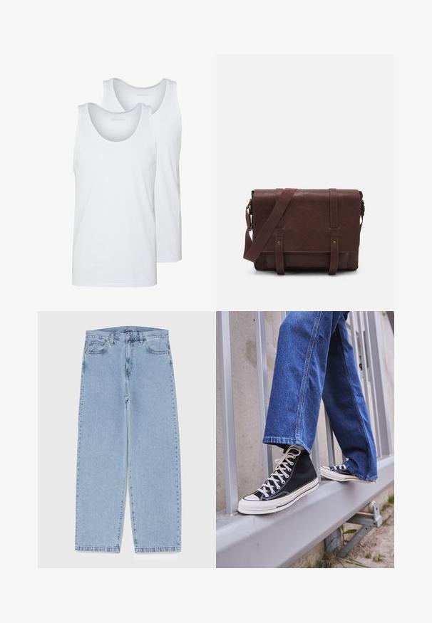 Witte katoenen tanktops met ronde halslijnen, met een soepele textuur. Twee stuks tentoongesteld, gemerkt "PIER ONE."; Zwart-wit geruit overhemd in een wolblend, met een puntige kraag en twee borstzakken, met knoopsluitingen aan de voorkant.; Lichtblauwe denim jeans met een recht model, voorzien van een middelhoge taille, vijf zakken en een knoop- en ritssluiting.; Zwarte hoge sneakers met witte zool en veters, gecombineerd met losse blauwe denim jeans, rustend op een grijze leuning.; Bruine lederen schoudertas met een platte voorflap, twee banden, gouden hardware-accenten en een verstelbare schouderband.; Zilveren roestvrijstalen horloge met een ronde groene wijzerplaat, zilveren uurmarkeringen, datumsdisplay en een metalen schakelband. Waterbestendig tot 50 meter.