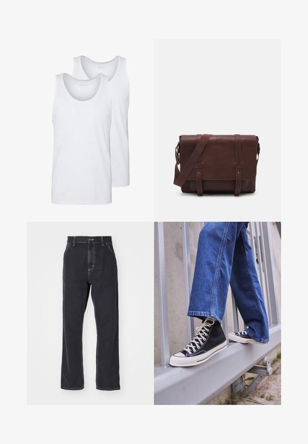 Vita bomullstoppar med rundad halsringning, med en mjuk textur. Två stycken visas, märkta "PIER ONE."; Svarta denimjeans med rak passform, som har dragkedja, fem fickor och kontrastsydd längs sömmarna.; Svarta högskurna sneakers med vit sula och snören, tillsammans med lösa blå jeans, vilande på ett grått räcke.; Brun läder budväska med en platt framklaff, två remmar, gyllene detaljer och en justerbar axelrem.