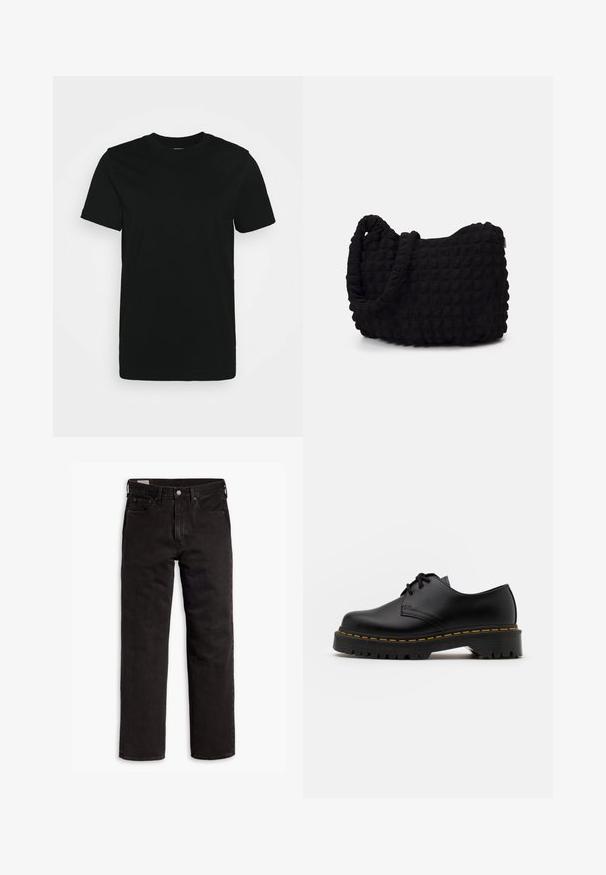 Schwarzes kurzärmliges T-Shirt aus glattem Baumwollstoff, mit Rundhalsausschnitt und einem schlichten Design ohne Muster oder Akzente.; Schwarze gerade Jeans aus Denim mit fünf Taschen, Knopfverschluss und Gürtelschlaufen, flach auf einem weißen Hintergrund ausgelegt.; Schwarze Leder Schnürschuhe mit runder Spitze, strukturiertem Gummisohle und gelben Nähten um den Rand. Flaches Design und glatte Oberfläche.; Schwarze Stofftasche mit einer strukturierten, gesteppten Oberfläche. Abgerundete Form, kurze, dicke Griffe und eine weiche, flexible Struktur.