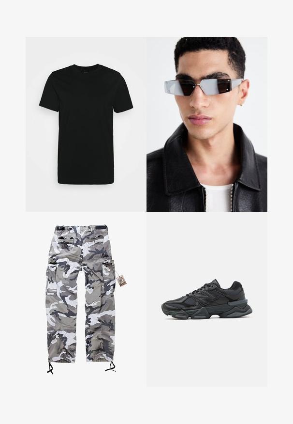 Juodas trumpas rankovėmis T-shirt, pagamintas iš lygaus medvilnės audinio, su apvaliu iškirpimu ir paprastu dizainu be raštų ar akcentų.; Kamufliažo cargo kelnės pilkos ir baltos spalvų atspalviuose, turinčios kelis kišenes ir raištelį ant kulkšnies, leidžiantį pritaikyti dydį.; Juodas bėgimo batelis, pagamintas iš tinklinės ir sintetinės medžiagos, turintis stambų pado dizainą, kreivą formą ir ryškią prekės ženklą šone.; Kampinis pilkai tonuoti akiniai nuo saulės su sidabrinėmis detalėmis, prieš šviesų foną. Lęšiai turi unikalią geometrinę formą.