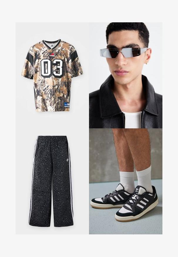 Camiseta de manga curta com padrão de camuflagem em tons de bege, castanho e preto, com decote redondo, textura pesada e grande número impresso "03".; adidas Originals GRAPHIC UNISEX - Calças de fato de treino - black; Ténis em preto e branco com upper em camurça e couro, apresentando três riscas brancas, um toe perfurado e uma sola em borracha de goma.; Óculos de sol angulares com tonalidade cinza e detalhes em prata, contra um fundo claro. As lentes apresentam uma forma geométrica única.