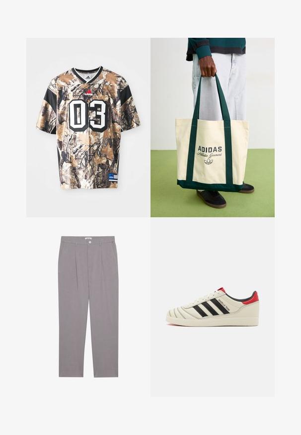 Camouflage-patterned short-sleeve jersey in tan, brown, and black with a round neckline, heavy texture, and large printed number "03."; Grey tailored trousers with a straight cut, featuring two front pockets, pleats, and a button closure. Made from lightweight fabric.; Cream leather sneakers with black stripes, red heel accents, and textured details. Features a rubber sole and lace-up closure.; Person holding beige Adidas tote bag with dark green handles, wearing light gray pants and black sneakers on green floor.