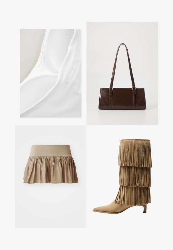 Maillot de bain en tissu blanc avec une texture lisse et un design à encolure profonde. Le matériau semble léger et extensible, adapté à une utilisation dans l'eau.; Jupe en coton beige avec un ourlet froncé, dotée d'une large taille élastique. Matière légère avec une texture douce et un design décontracté.; Bottine à franges en daim tan avec trois couches de franges. Bout pointu et petit talon carré. Texture lisse sur l'ensemble.; Sac à main en cuir verni marron de forme rectangulaire, avec deux longues poignées et des accents courbés subtils à l'avant.