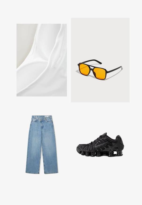 Witte stoffen zwemkleding met een gladde textuur en een diepe scoopneklijn. Het materiaal lijkt lichtgewicht en rekbaar, geschikt voor gebruik in het water.; Lichtblauwe wijde jeans van denim, met een hoge taille, vijf zakken, knoopsluiting en subtiele vervaging voor textuur.; Zwarte sportieve schoen met mesh-bovenwerk en glanzende overlays. Bevat afgeronde spoelvering en textuur lijnen aan de zijkant. Nike-logo zichtbaar.; Zwarte rechthoekige zonnebril met gedurfde oranje glazen. Heeft een uniek brugontwerp en slanke armen, vervaardigd uit lichtgewicht materiaal.; Even&Odd Shopper - black