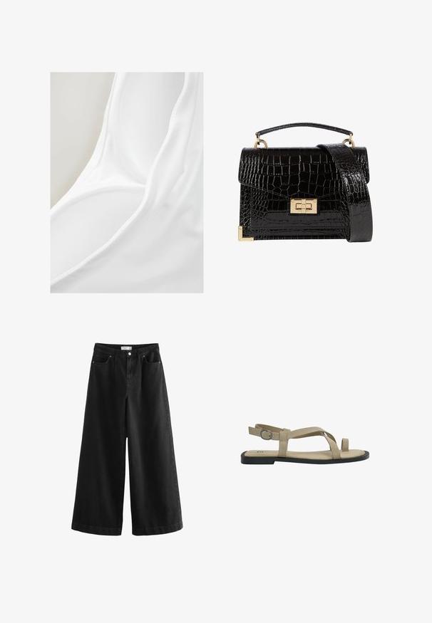 Costume da bagno bianco in tessuto con una texture liscia e un design con scollatura profonda. Il materiale appare leggero e elasticizzato, adatto per l'uso in acqua.; Jeans neri a gamba larga in denim, con vita alta, cinque tasche e una finitura pulita. Il tessuto ha una texture liscia, con minimi accenti.; Sandali in suede beige con suola piatta, dotati di cinturini incrociati e fibbia regolabile sul retro. Design minimalista e punta aperta.; Borsa a tracolla nera in pelle verniciata con texture a coccodrillo, hardware dorato, manico superiore e una tracolla removibile. Forma rettangolare con chiusura a patta.