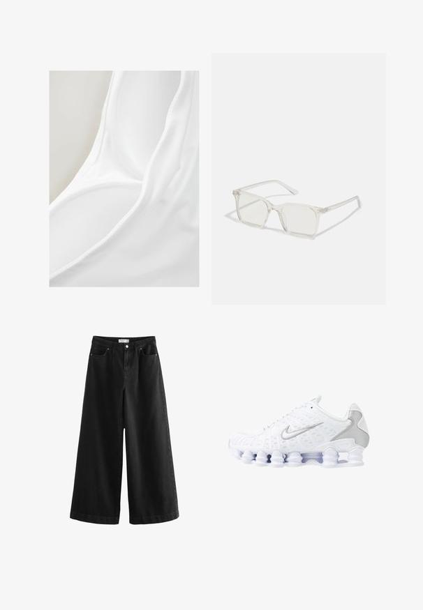Weißes Stoffbadebekleidung mit glatter Textur und tiefem Ausschnitt. Das Material wirkt leicht und dehnbar, geeignet für den Wassereinsatz.; Schwarze, weit geschnittene Jeans aus Denim, mit hoher Taille, fünf Taschen und einem klaren Finish. Der Stoff hat eine glatte Textur und minimale Akzente.; Weiße Sportschuhe mit einem oberen Teil aus Mesh, silbernen Akzenten und einem einzigartigen Spiralsohlendesign. Verfügt über einen gepolsterten Schaft und eine Schnürung für optimalen Halt.; Klare, quadratische Kunststoffbrillen mit durchsichtigen Gläsern, die goldene Akzente an den Bügeln für zusätzliche Details aufweisen.