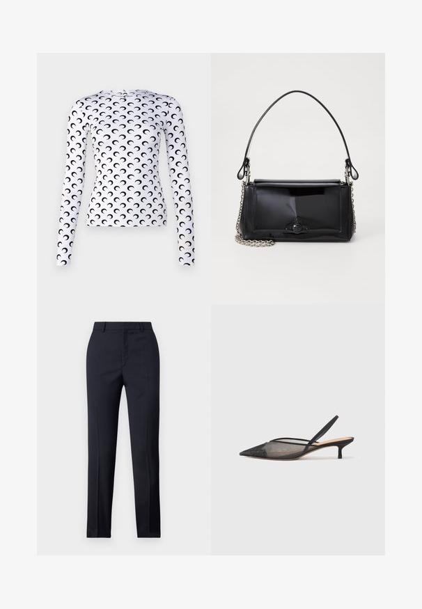 Bílé tričko s dlouhým rukávem, zdobené opakujícím se vzorem černé srpkovité měsíce. Vyrobeno z hladké látky, přiléhavý střih s kulatým výstřihem.; Navy kalhoty s rovný střih, vyrobené z hladkého materiálu, se dvěma předními kapsami a čistým pasem.; NEOUS IRENA - Klasické lodičky - black; Černá lakovaná kožená kabelka obdélníkového tvaru, řetízkový popruh a výrazné kovové zdobení uprostřed. Hladká textura.